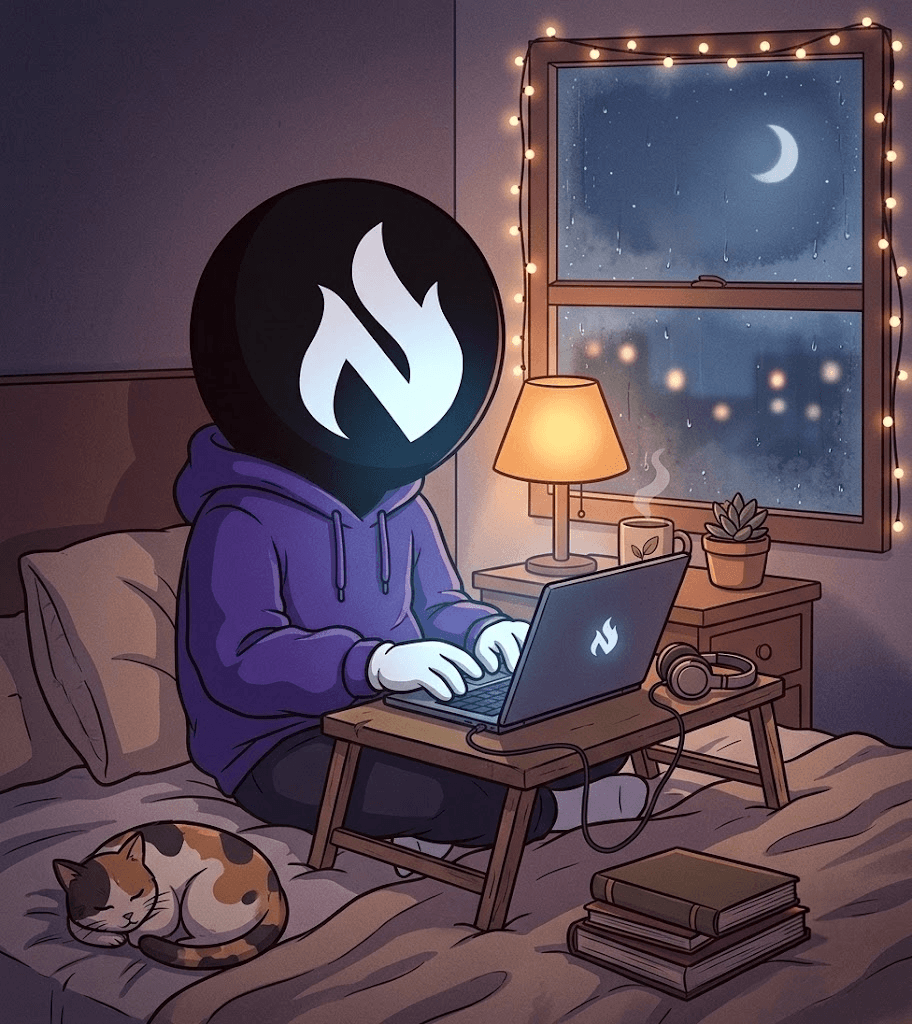 Lofi programmer working at a laptop beside a rainy window